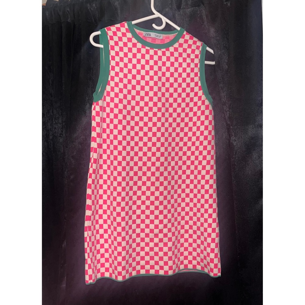 Zara Pink Checkered Knit Mini Dress Green Trim Sleeveless Shift Small